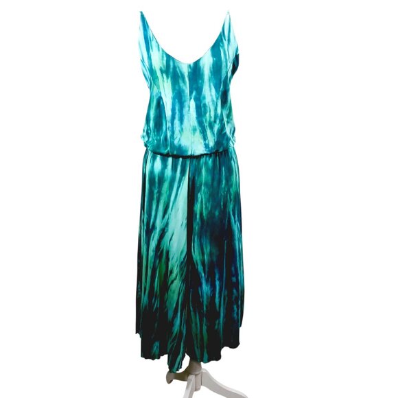 Zen Knits Pants - Zen Knits, Calf/Ankle Length Teal Tie Dye Jumpsuit, Size Large, Adj. Straps Boho